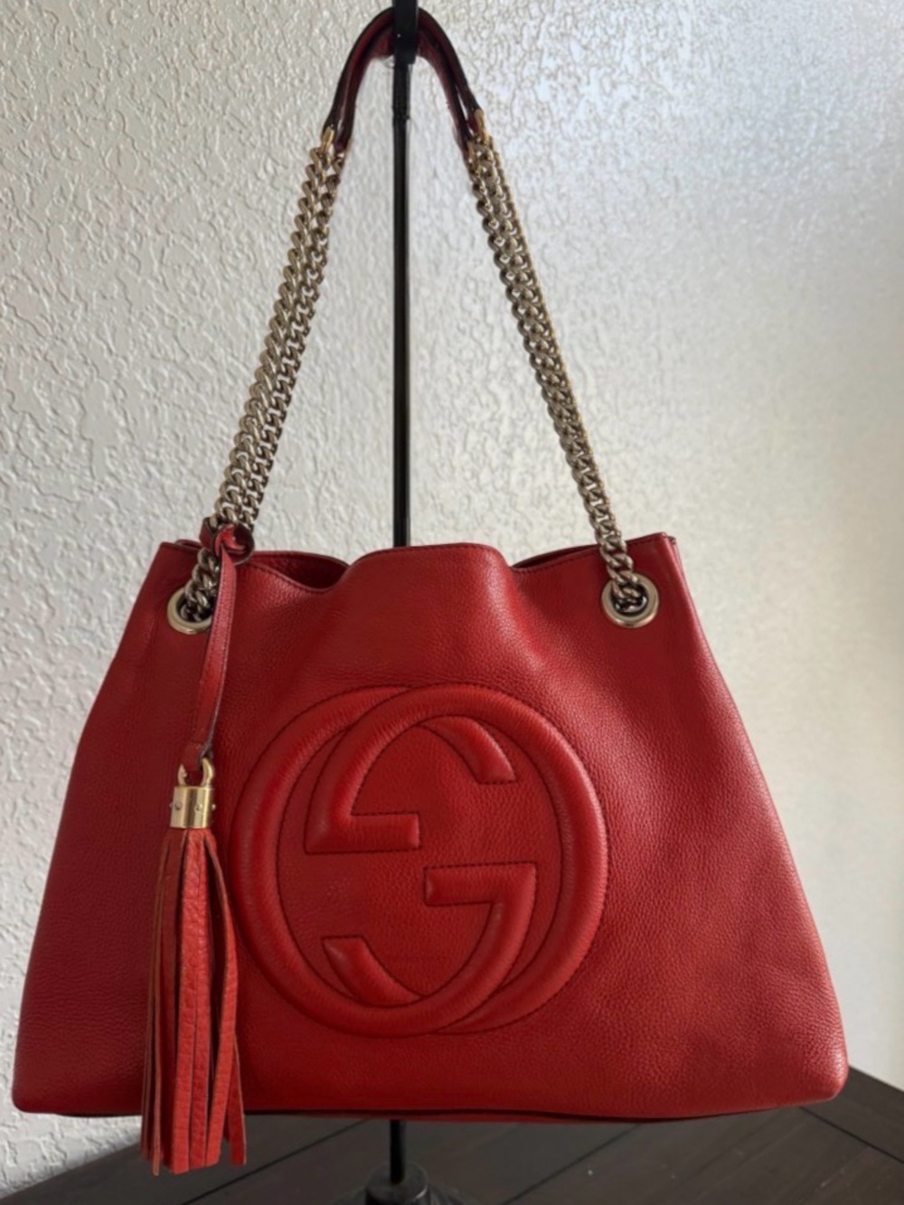 Gucci Soho Chain Strap Shoulder Bag Crossbody Leather COA Tobasco Red